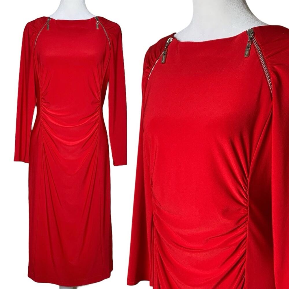 Joseph Ribkoff Red Jersey Dress 12 Zipper Accent Boat Neck Ruched Sheath Midi